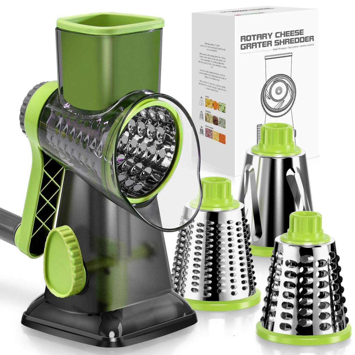 KEOUKE rotary cheese grater front view with hand crank for smooth shredding.