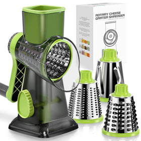 KEOUKE rotary cheese grater front view with hand crank for smooth shredding.