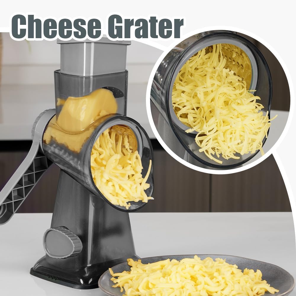 KEOUKE Rotary Cheese Grater in use on a kitchen counter for quick shredding.