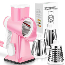 KEOUKE rotary cheese grater pink handle shown in use for smooth shredding