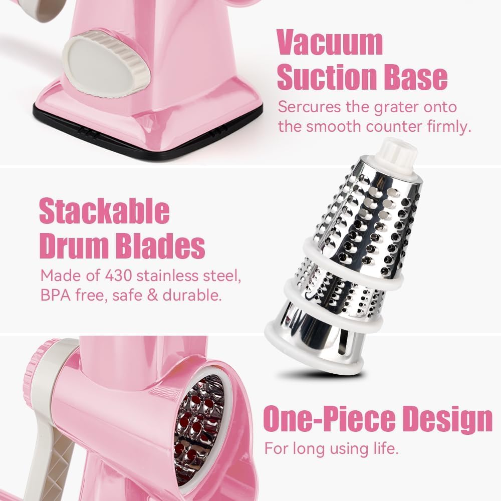 KEOUKE rotary cheese grater pink julienne slicing feature in action