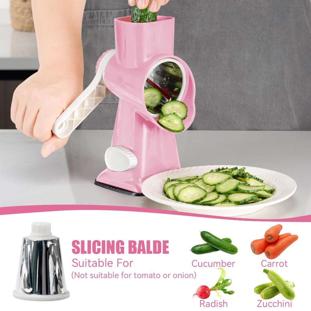 KEOUKE rotary cheese grater pink shredded cheese output ready for recipes