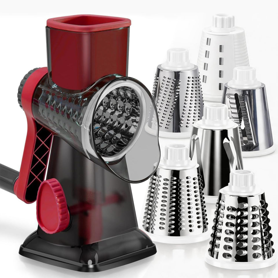 KEOUKE Rotary Cheese Grater Pro 6 in 1 angled view shows versatile blade options for cheese and vegetables.