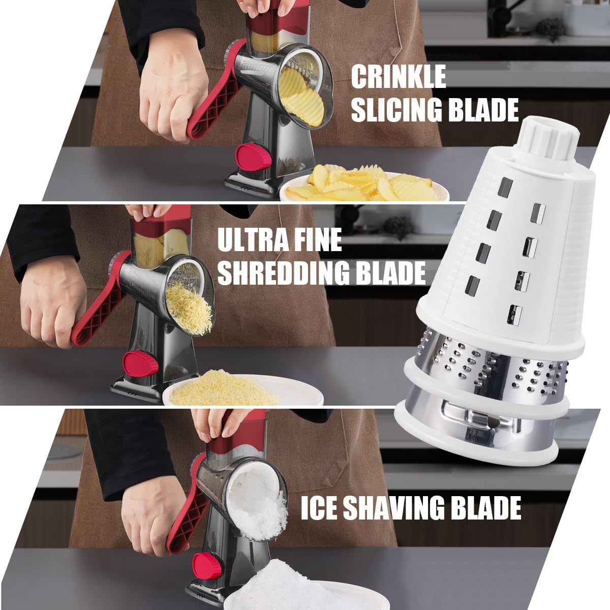 KEOUKE Rotary Cheese Grater Pro 6 in 1 on suction base provides stable, hands-free grating.