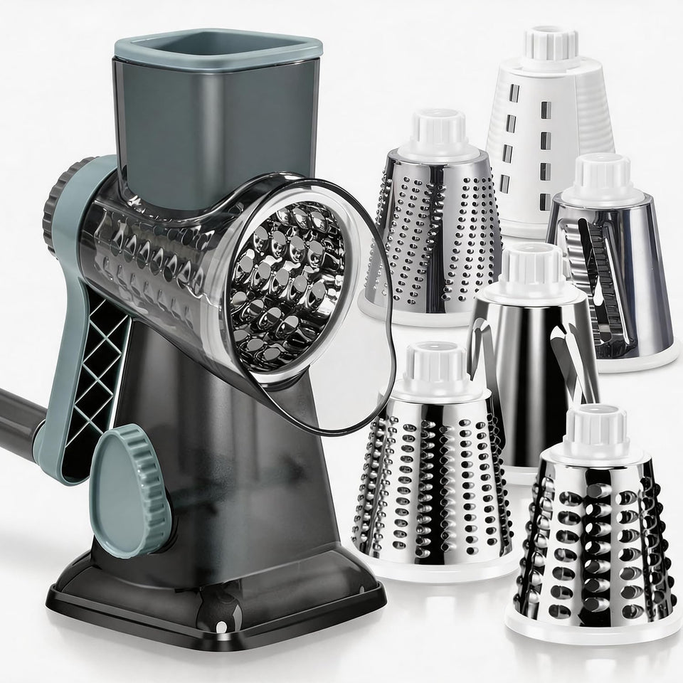 Keouke Pro 6-in-1 Rotary Cheese Grater assembled for quick meal prep.