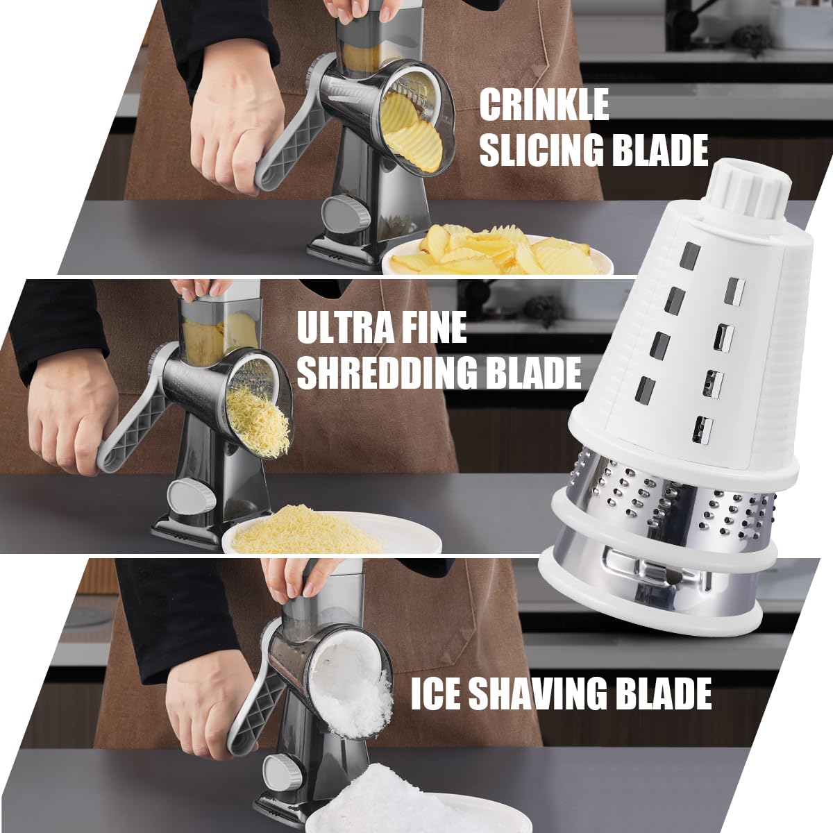 KEOUKE grater blades and drum exposed for quick shredding and slicing.