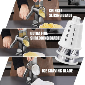 KEOUKE grater blades and drum exposed for quick shredding and slicing.