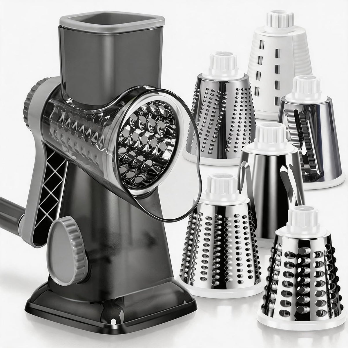 KEOUKE Rotary Cheese Grater Pro front view shows compact 6-in-1 design.