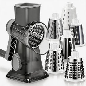 KEOUKE Rotary Cheese Grater Pro front view shows compact 6-in-1 design.