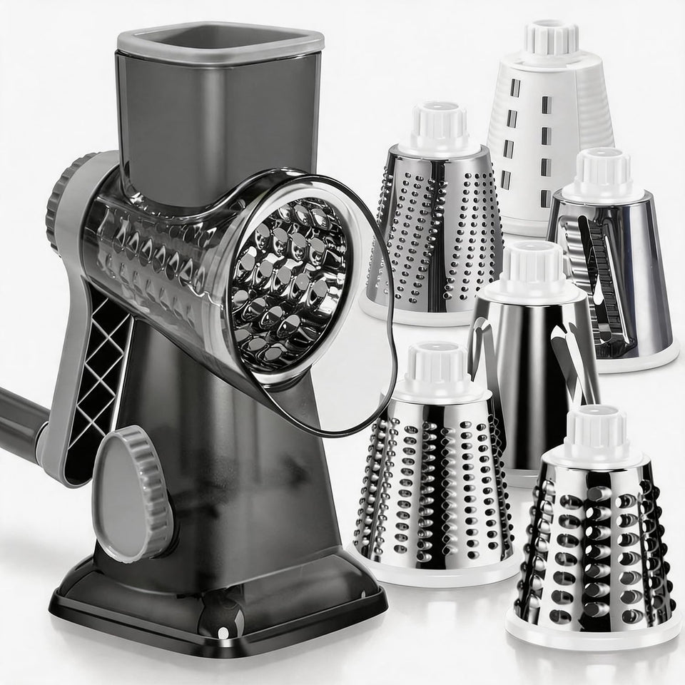 KEOUKE Rotary Cheese Grater Pro front view shows compact 6-in-1 design.