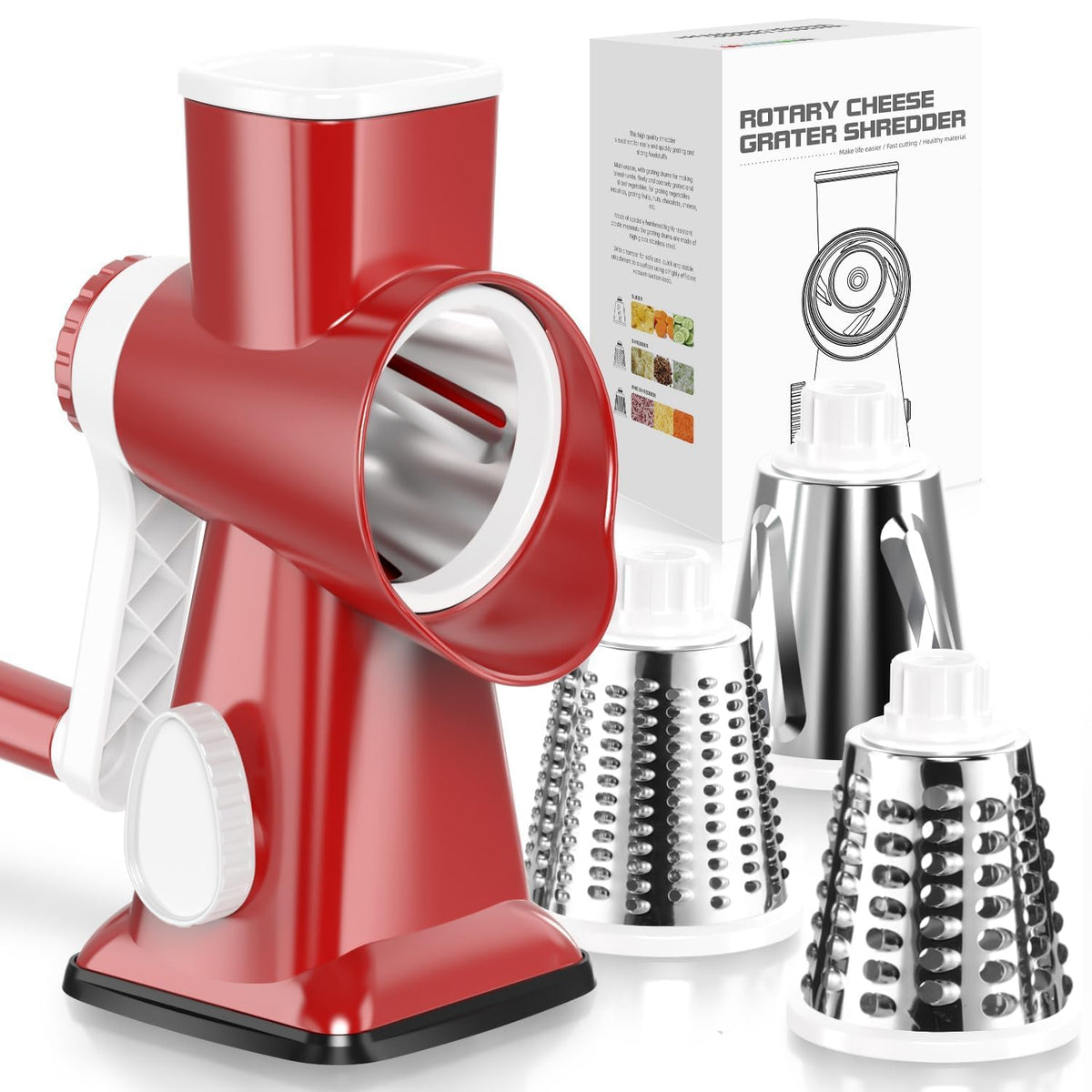 KEOUKE rotary cheese grater red exterior enables quick shredding for dinner prep.