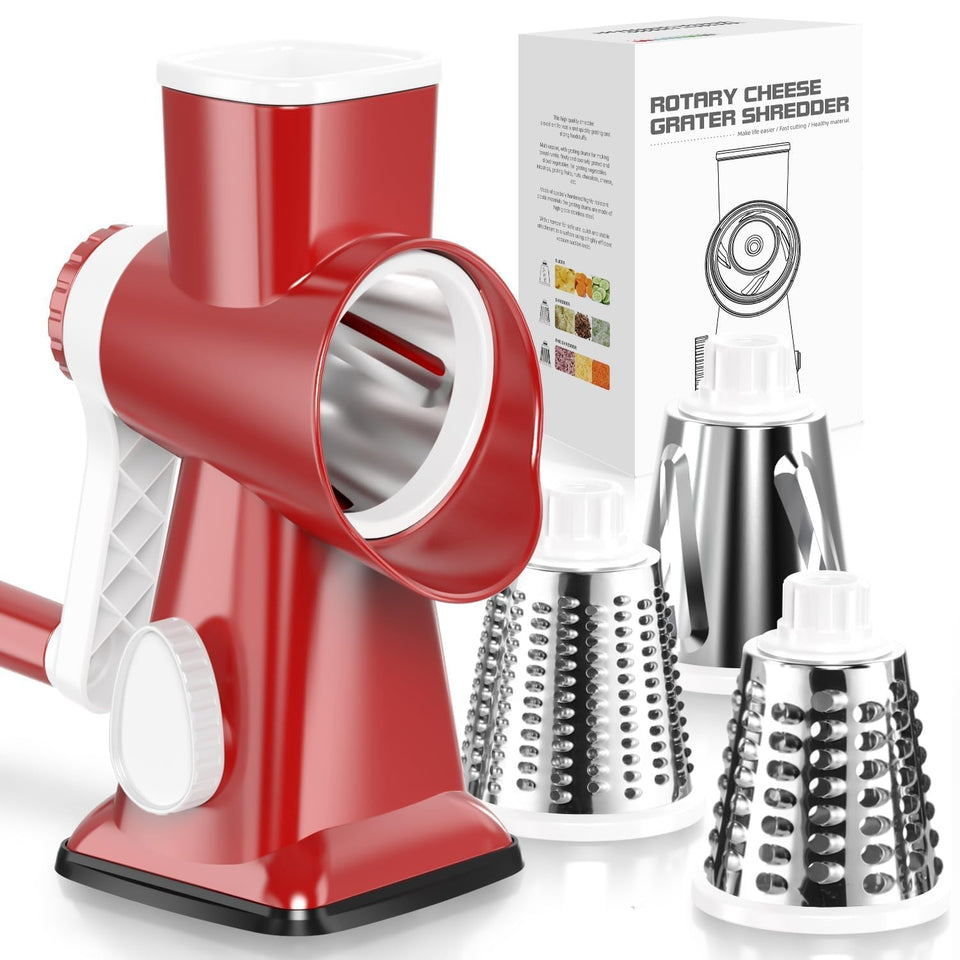 KEOUKE rotary cheese grater red exterior enables quick shredding for dinner prep.