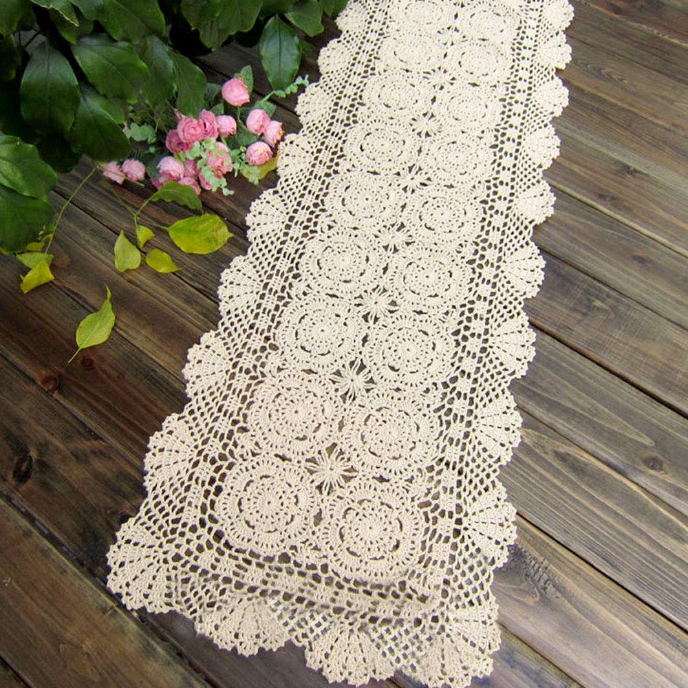 KEPSWET beige crochet table runner on dining table adds subtle texture.