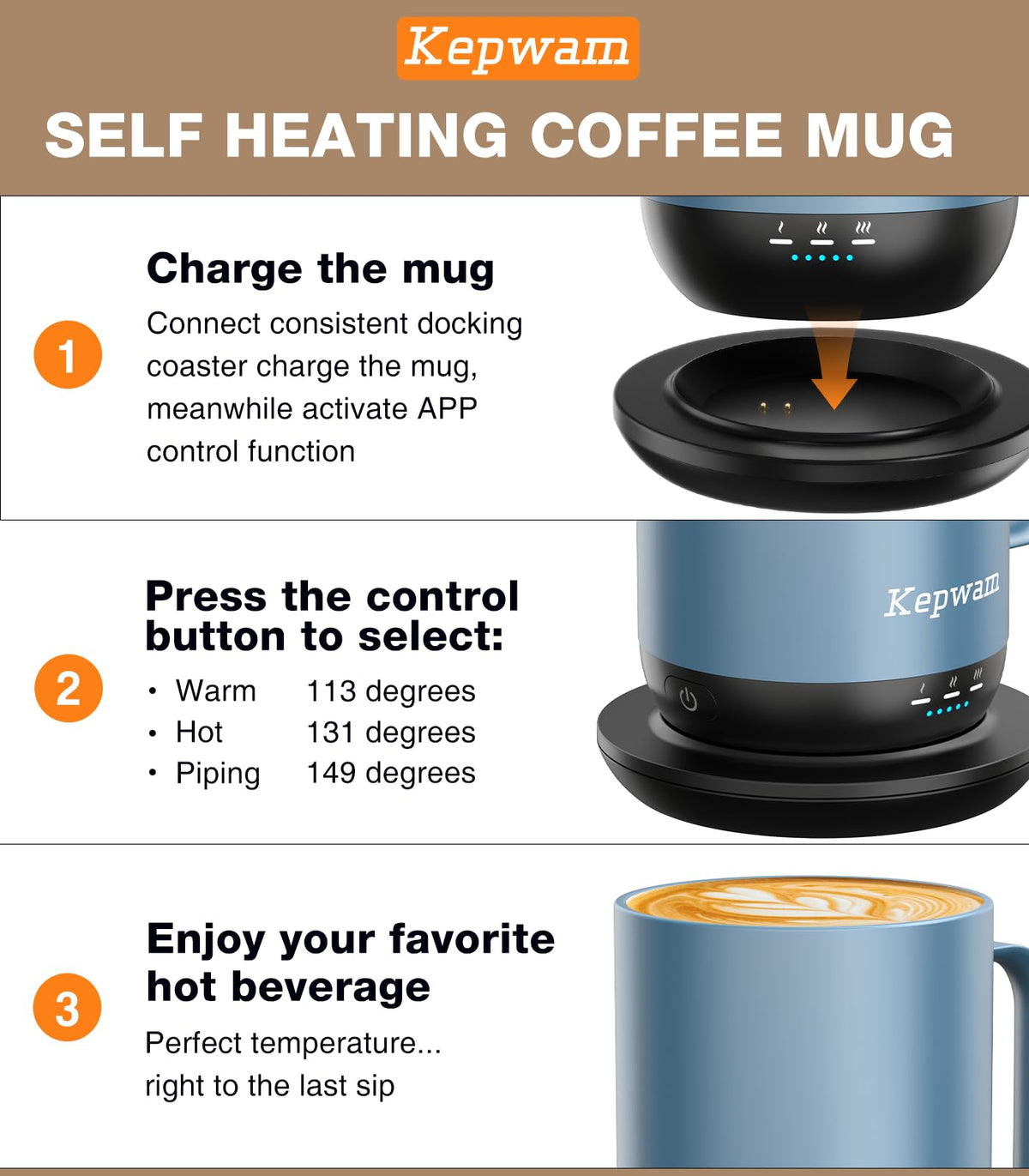 Kepwam app-control screen displays precise degree-by-degree temperature control