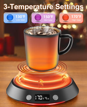 Kepwam coffee warmer with three temperature settings for precise heat control at your desk.