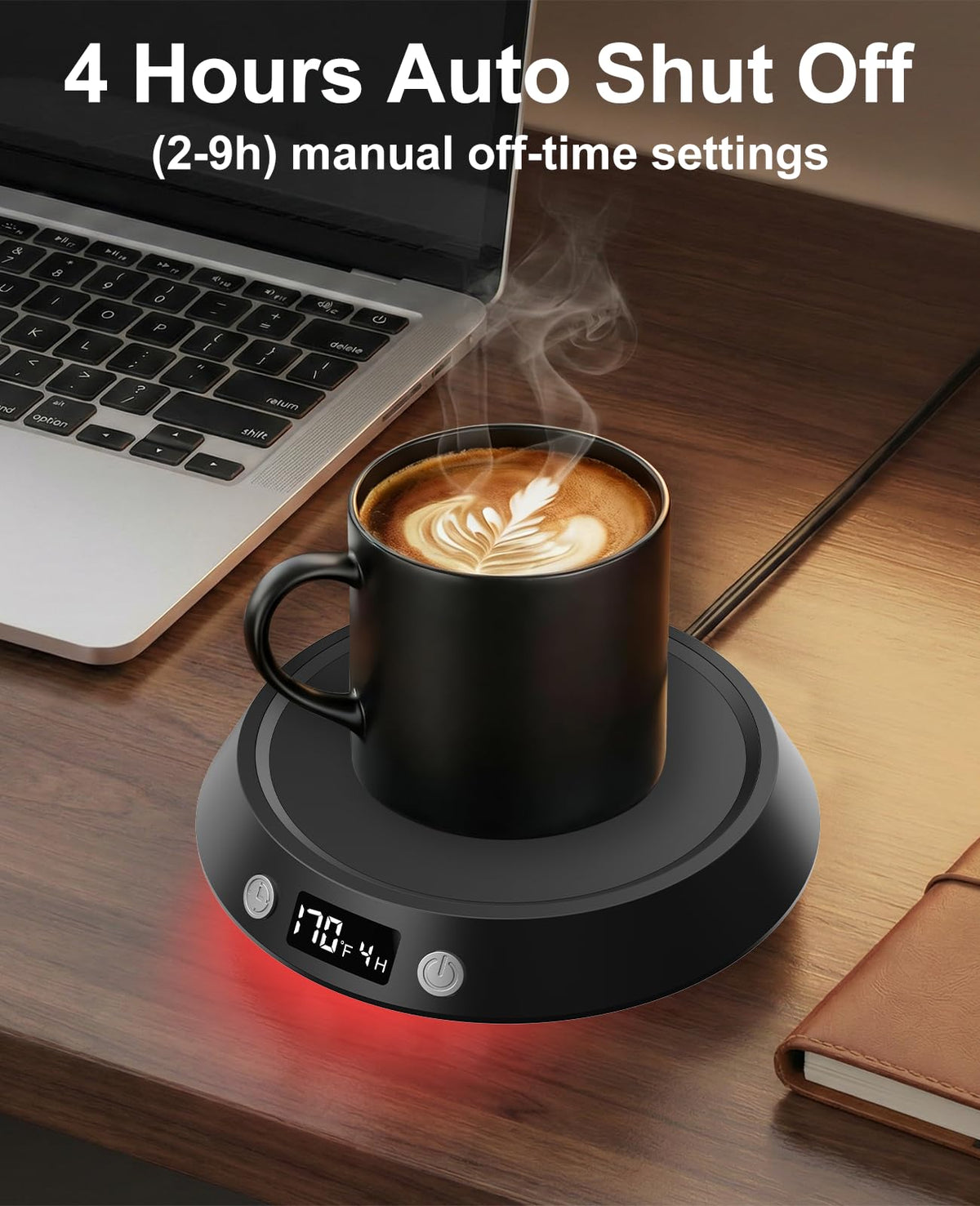 Kepwam mug warmer with auto shut-off timer to prevent forgotten power and save energy.