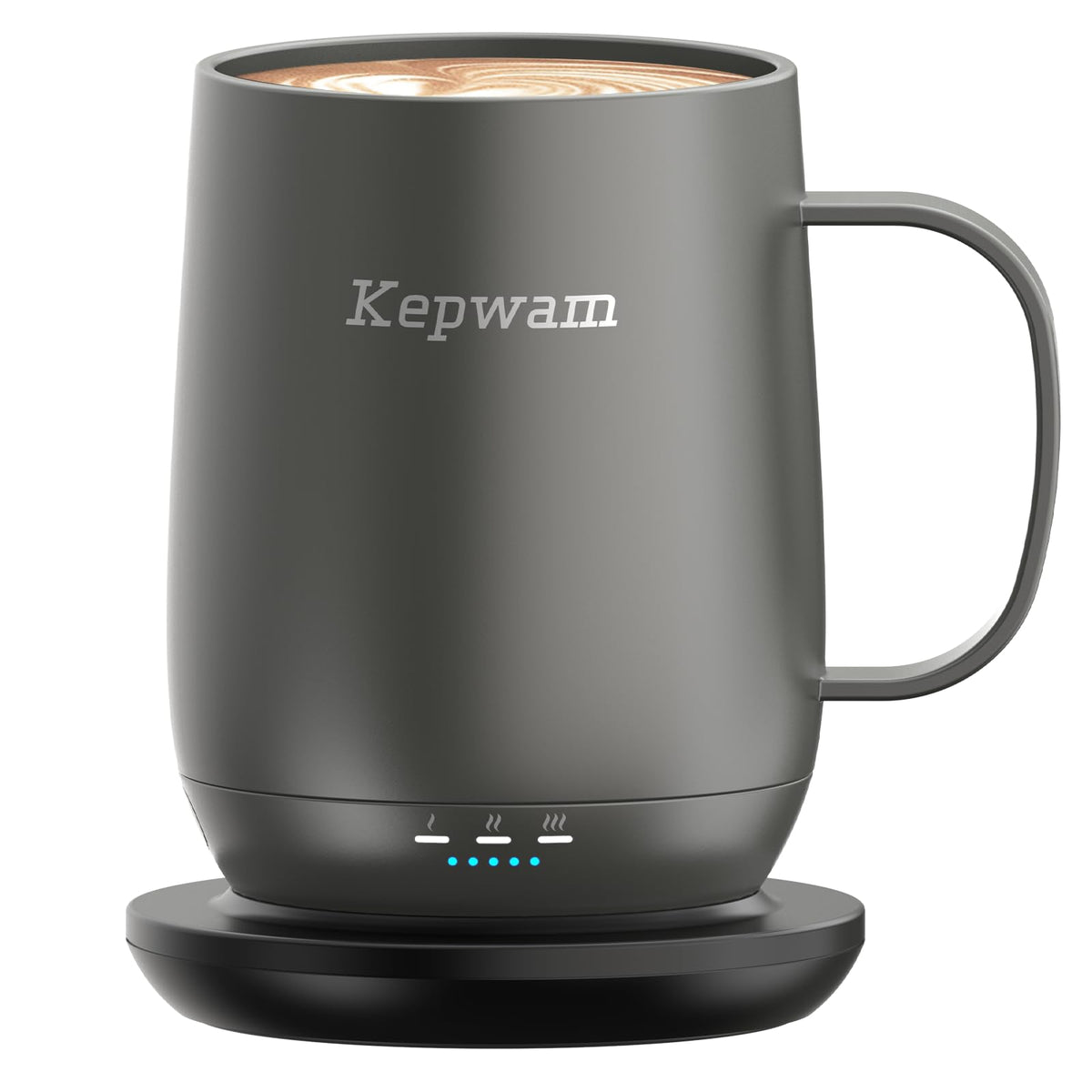 Kepwam T2 heated mug on charging coaster maintains warmth throughout the day.