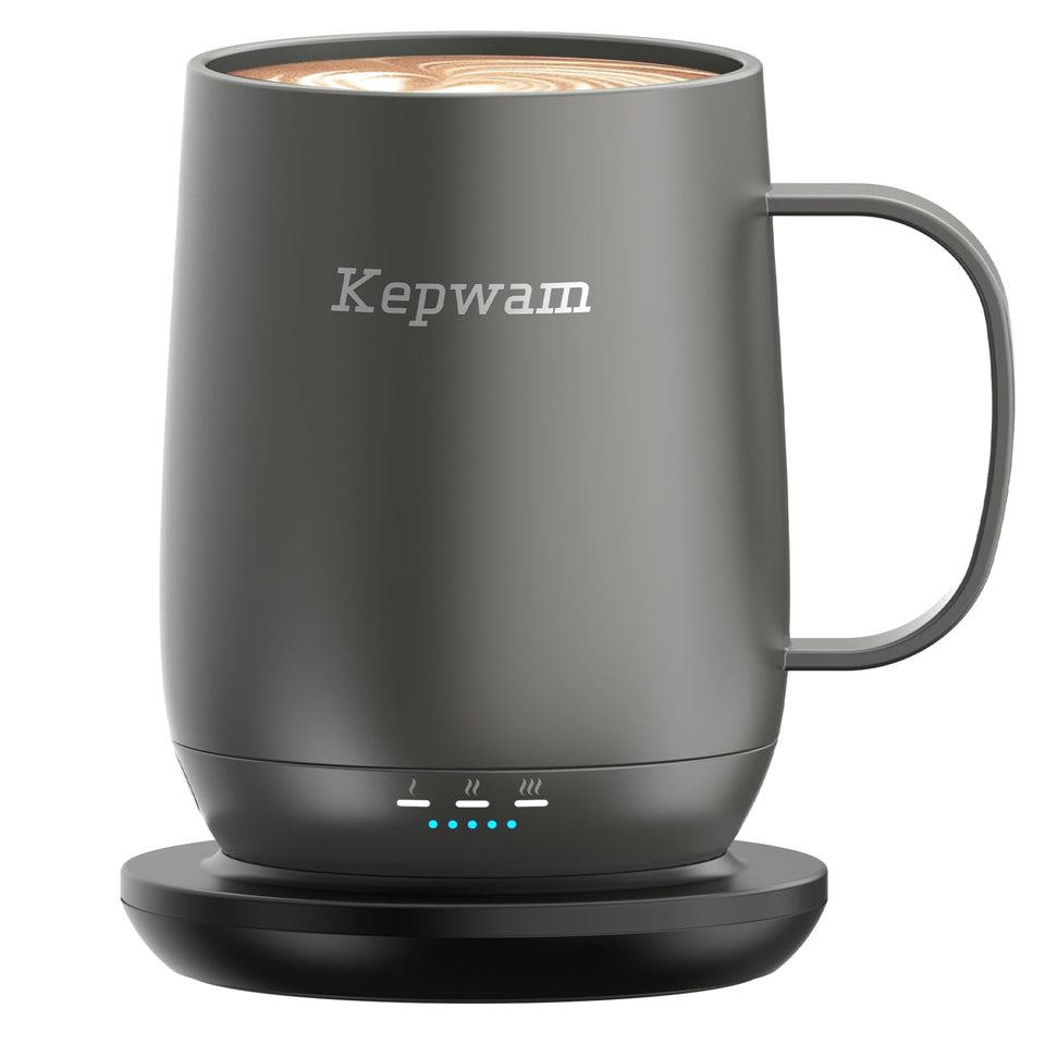 Kepwam T2 heated mug on charging coaster maintains warmth throughout the day.