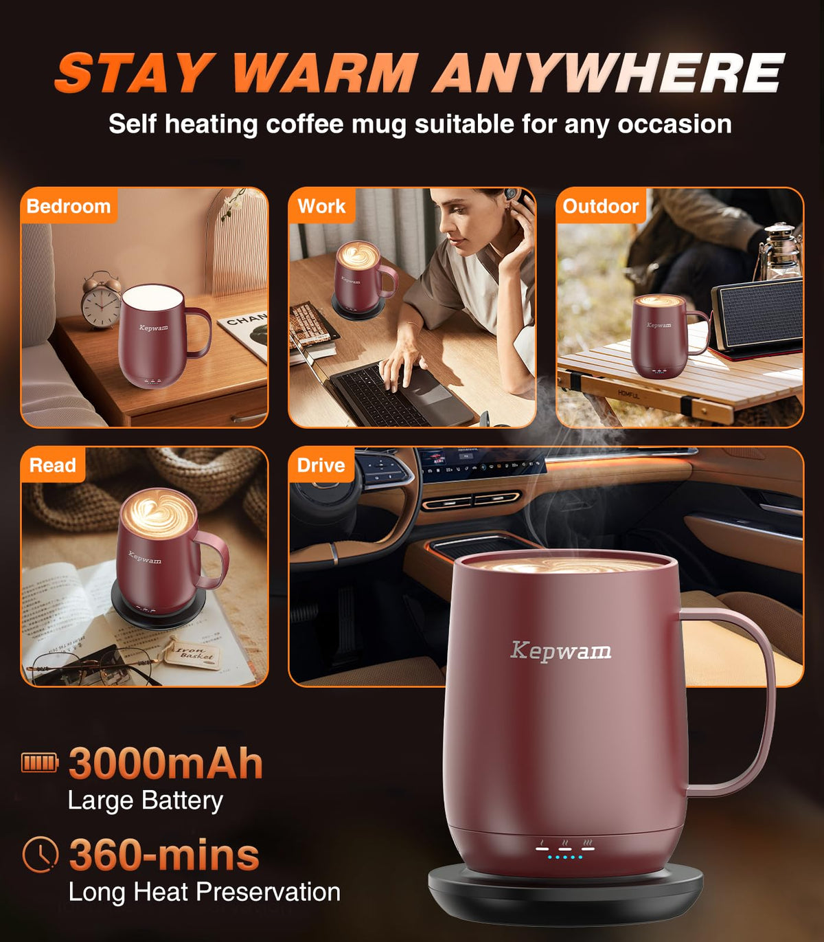 Kepwam Self-Heating Mug T2 ceramic matte finish with stainless steel body.