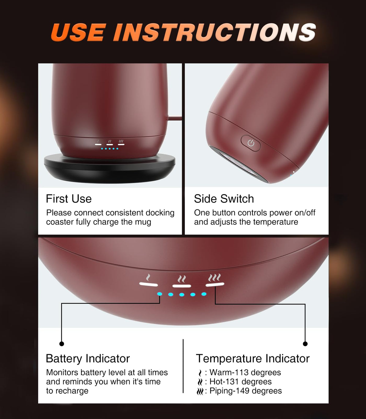 Kepwam Self-Heating Mug T2 lid-sliding feature helps maintain heat and prevent spills.