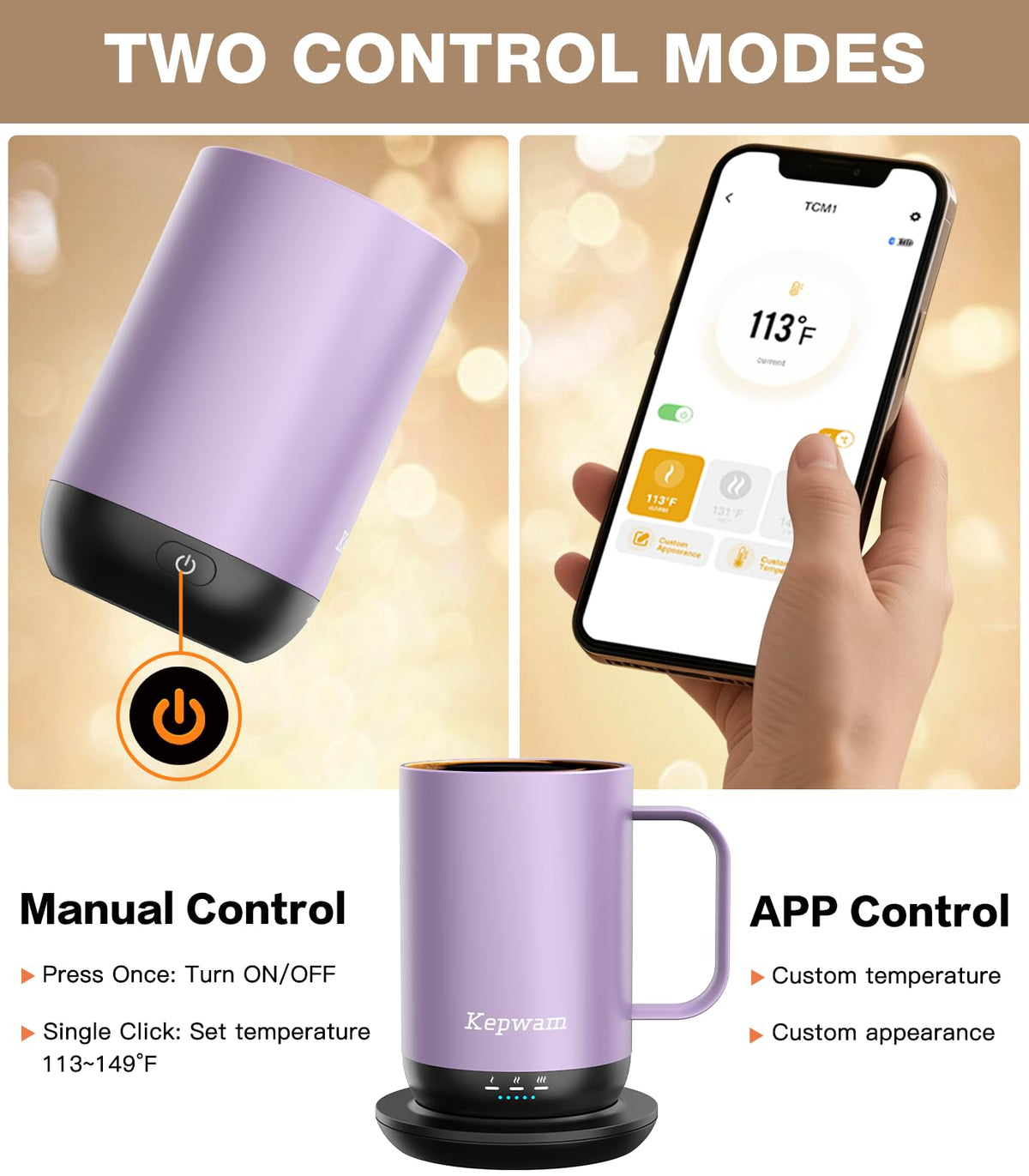 Kepwam mug on charging coaster provides all-day warmth between sips