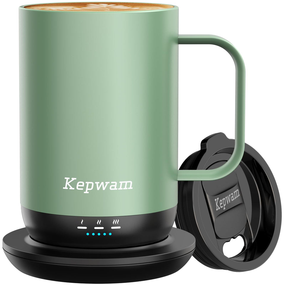 Kepwam self-heating mug front view showing 16oz capacity for all-day warmth
