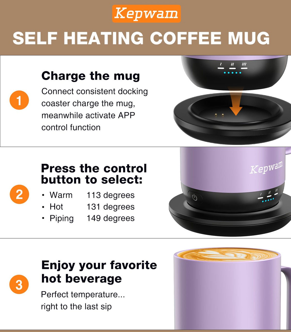 Kepwam self-heating mug with three temperature settings for perfect sipping