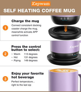 Kepwam self-heating mug with three temperature settings for perfect sipping