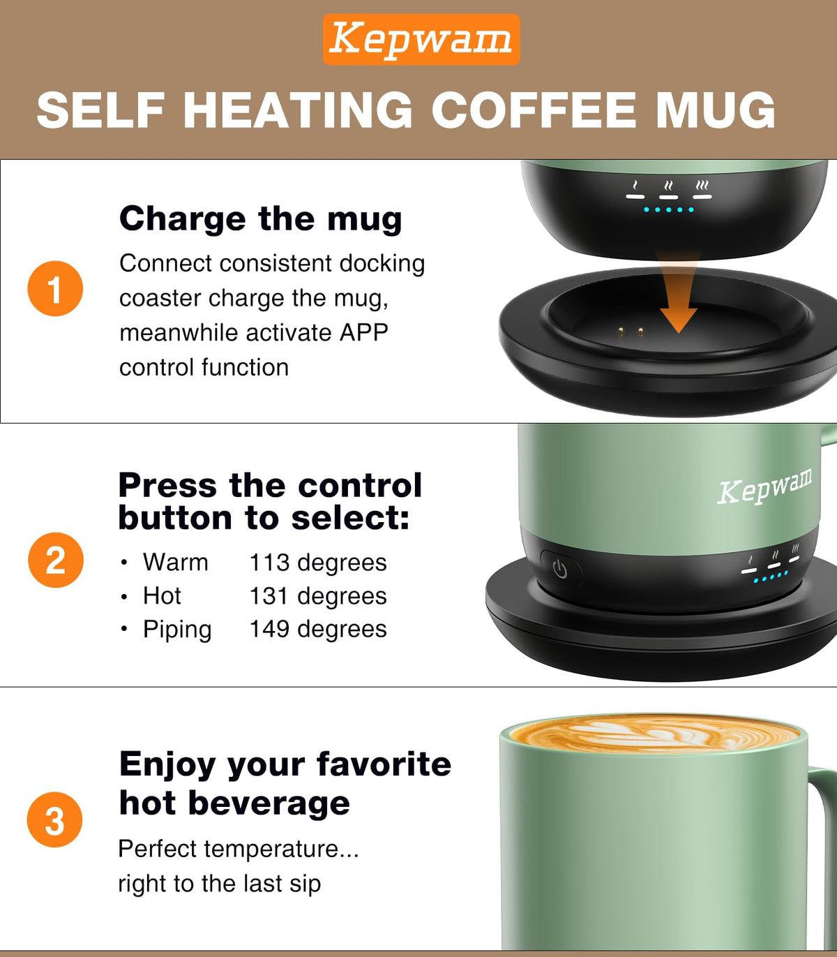 Kepwam mug app-control panel close-up highlighting precise temperature control