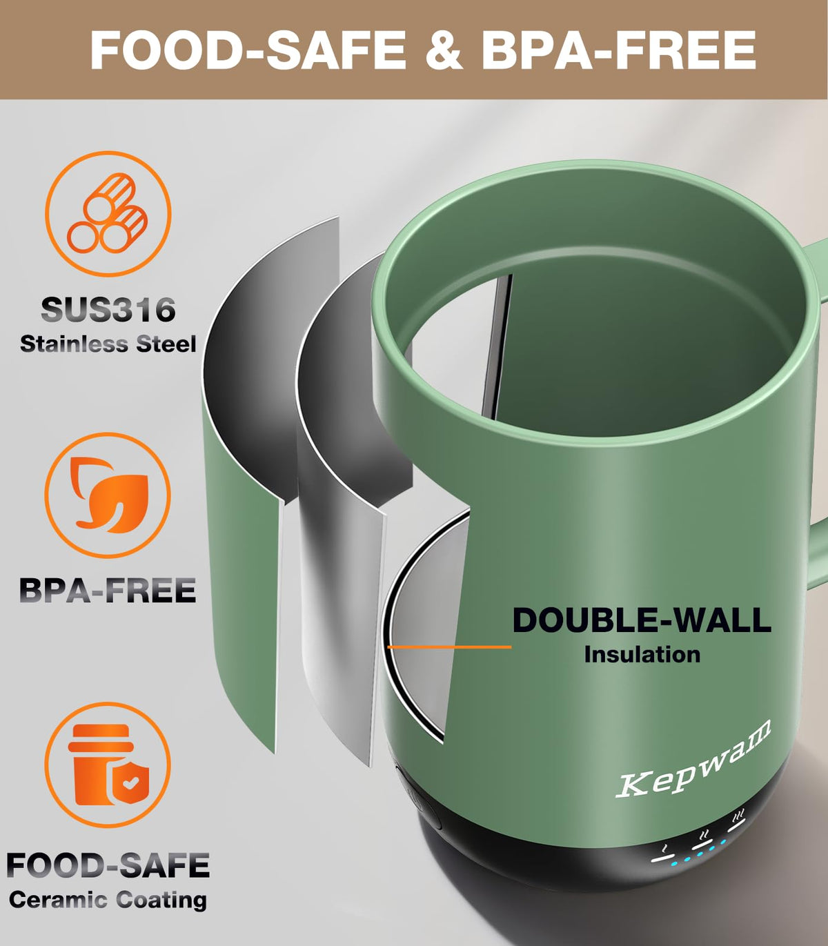 Kepwam mug on charging coaster demonstrates all-day warmth feature