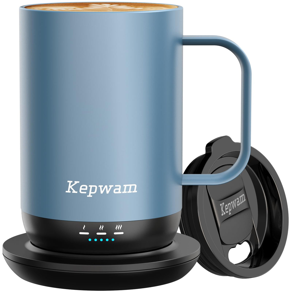 Kepwam self-heating mug front view showing adjustable temperature for hot coffee