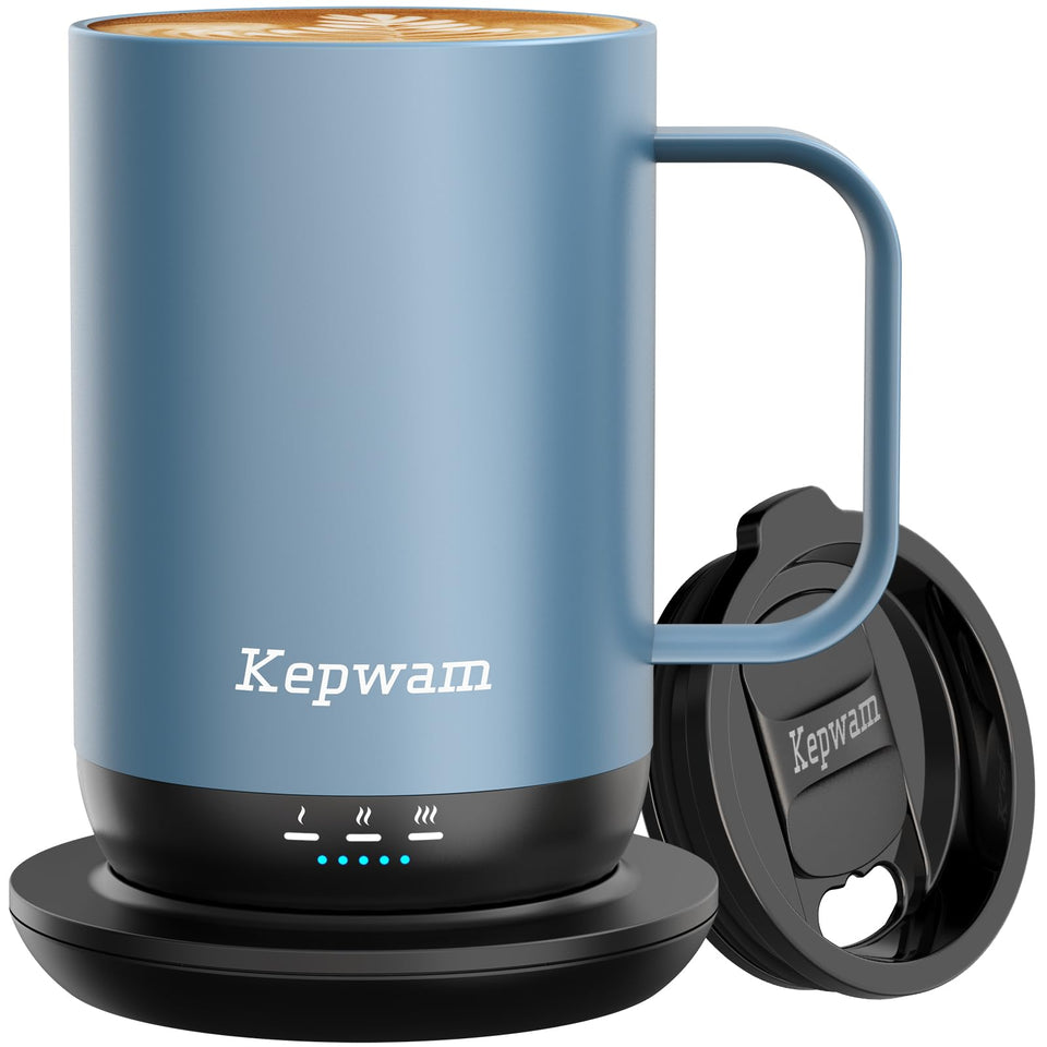 Kepwam self-heating mug front view showing adjustable temperature for hot coffee