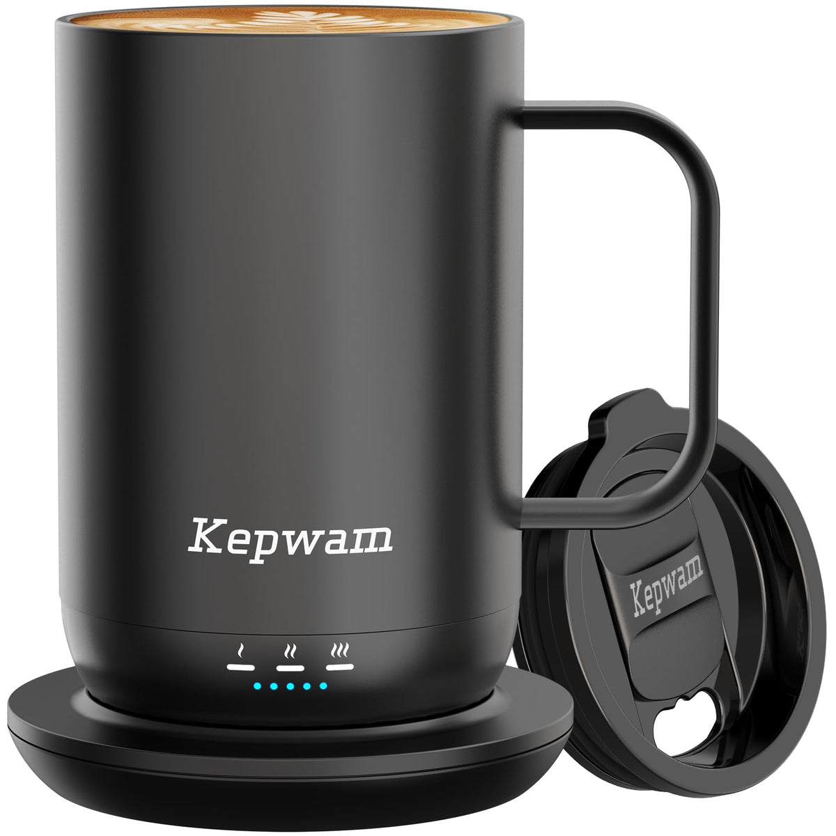 Kepwam self-heating mug on a charging coaster delivering constant warmth between sips