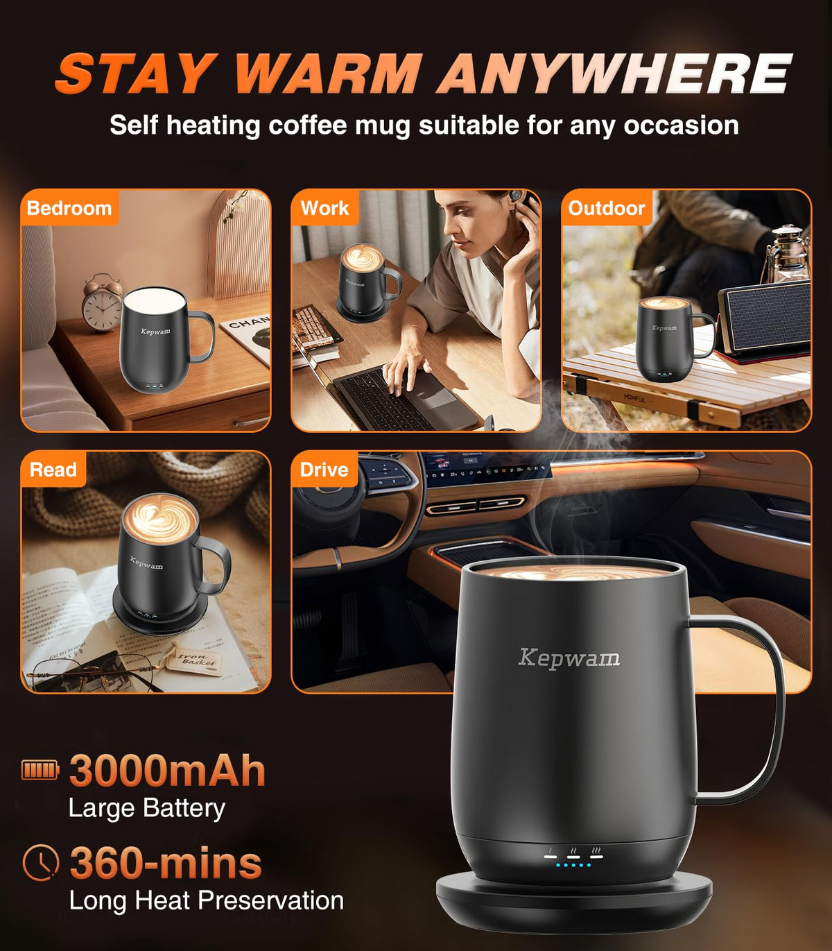 Kepwam self-heating mug T2 ceramic matte close-up shows BPA-free safety.