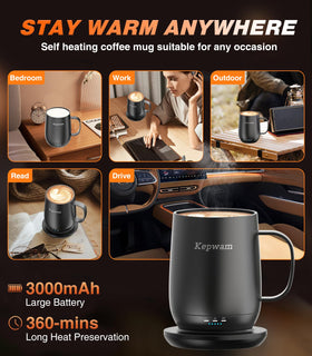 Kepwam self-heating mug T2 ceramic matte close-up shows BPA-free safety.