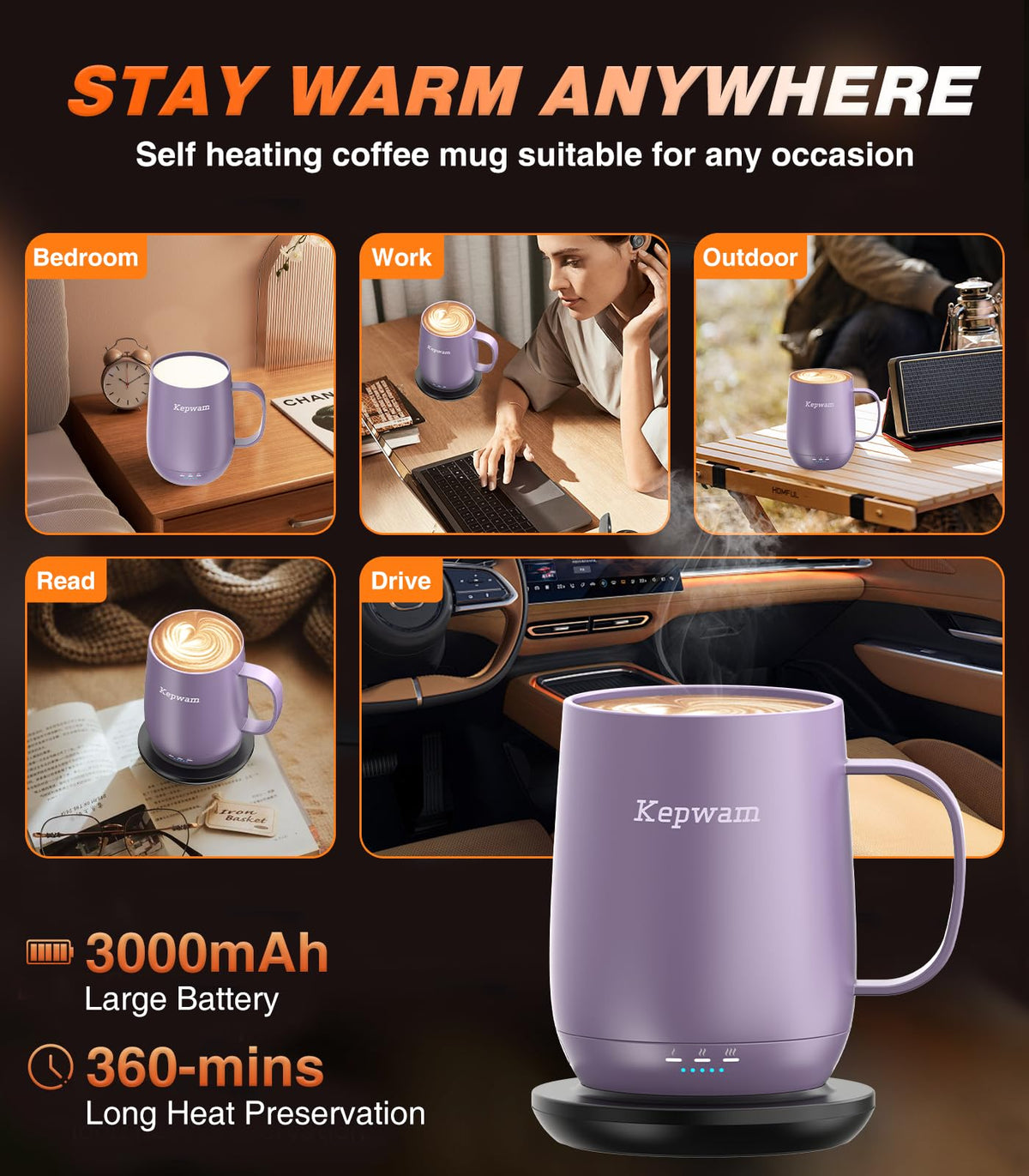 Kepwam Self Heating Mug T2 on charging coaster demonstrates extended warmth without constant recharging