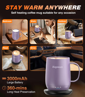 Kepwam Self Heating Mug T2 on charging coaster demonstrates extended warmth without constant recharging