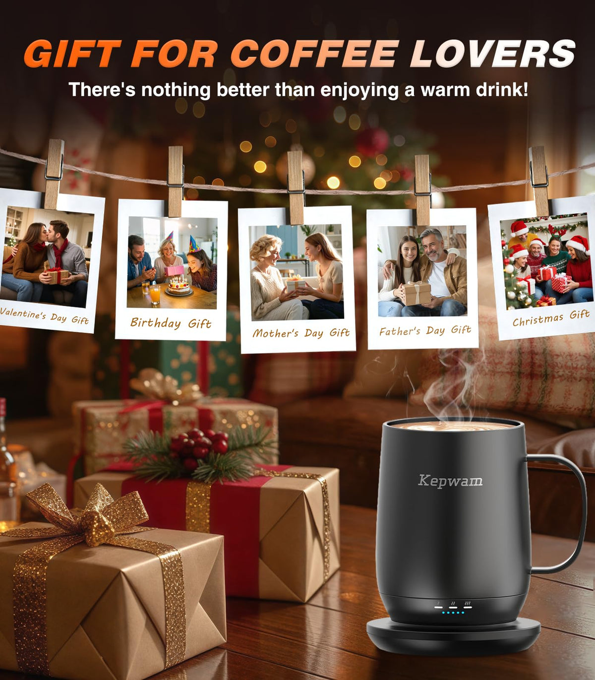 Kepwam self-heating mug T2 on display reads battery and temperature at glance.