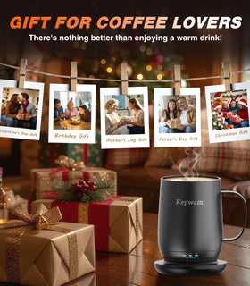 Kepwam self-heating mug T2 on display reads battery and temperature at glance.