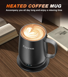 Kepwam self-heating mug T2 ergonomic handle offers comfortable grip.