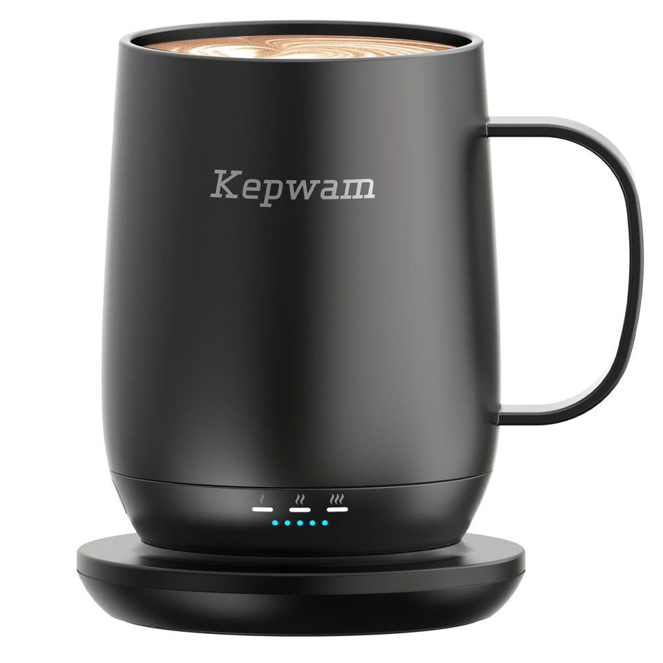 Kepwam self-heating mug T2 front view shows elegant ceramic matte finish for lasting warmth.