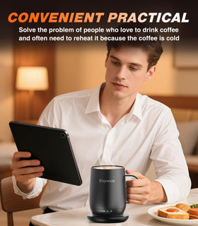 Kepwam self-heating mug T2 on office desk promises reliable warmth.