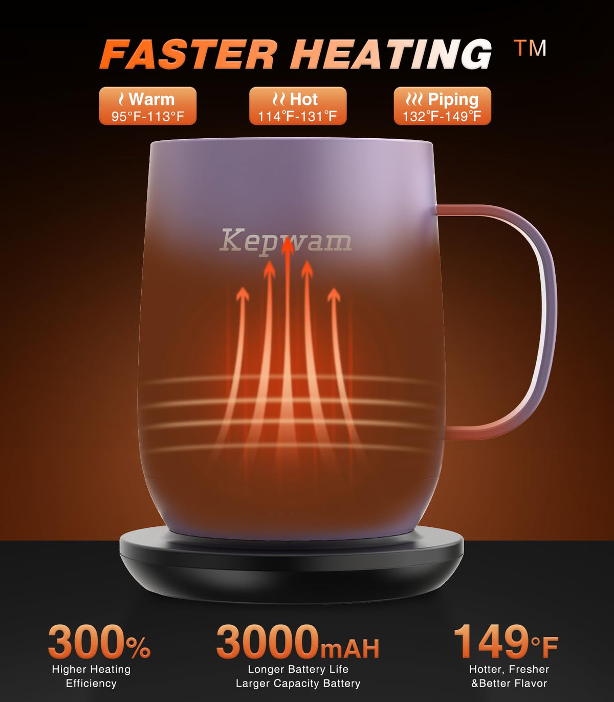 Kepwam Self Heating Mug T2 lid-on view highlights spill-preventing sliding lid for travel