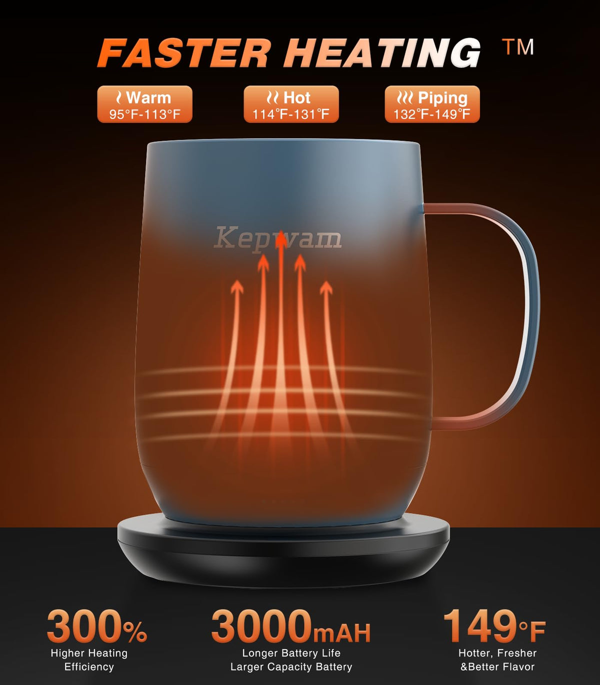 Kepwam self-heating mug with slide lid showing spill prevention and heat retention