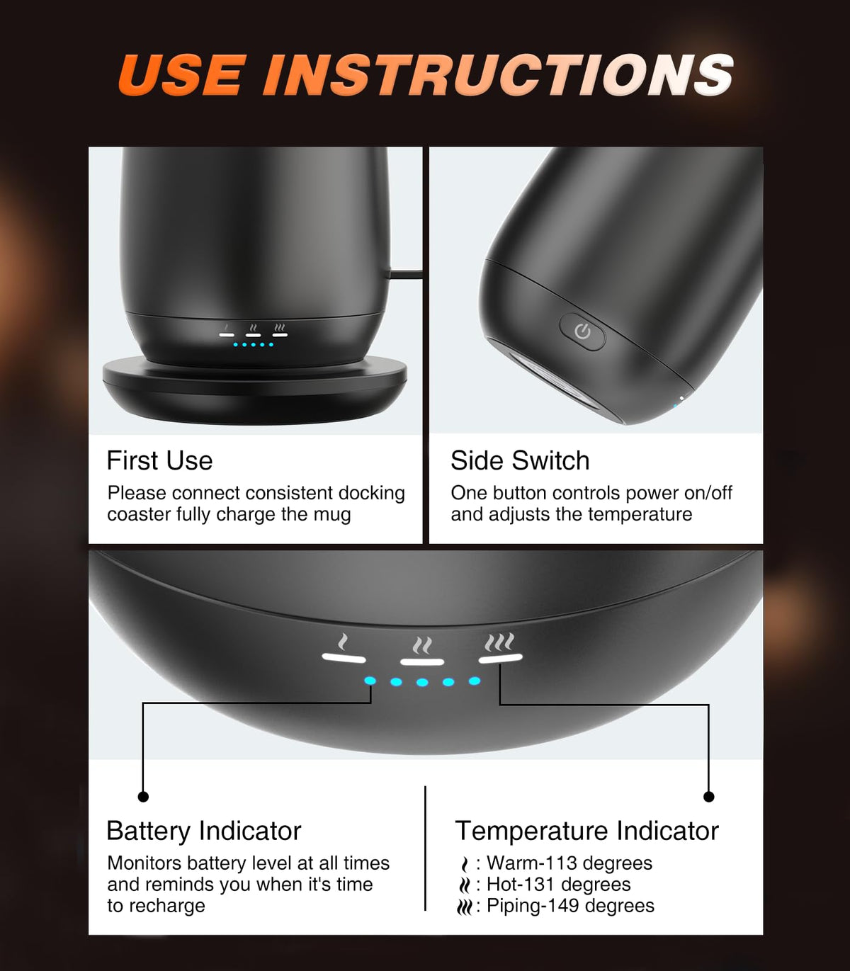Kepwam self-heating mug T2 on charging coaster keeps warmth ready.