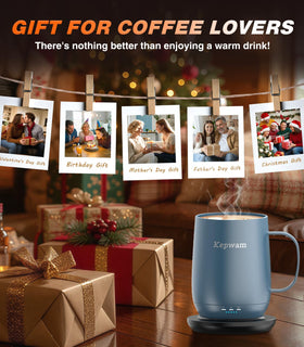 Kepwam mug on charging coaster for convenient warm-up anytime