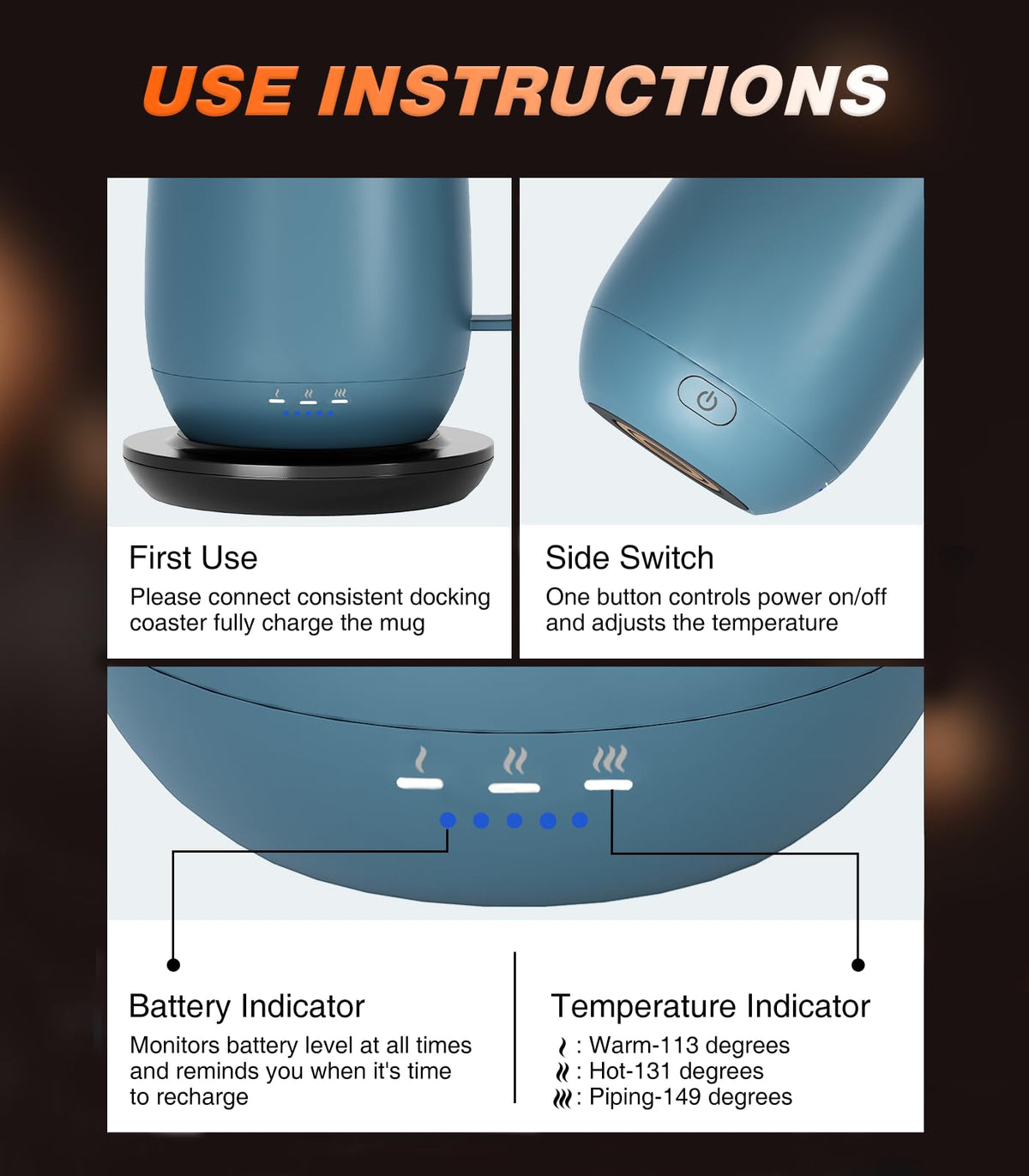 Kepwam mug smart display shows battery and temperature status for easy monitoring