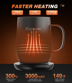 Kepwam self-heating mug T2 with lid-on preventing spills and retaining heat.