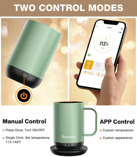 Kepwam mug temperature settings screen at 113, 131, and 149 degrees Fahrenheit