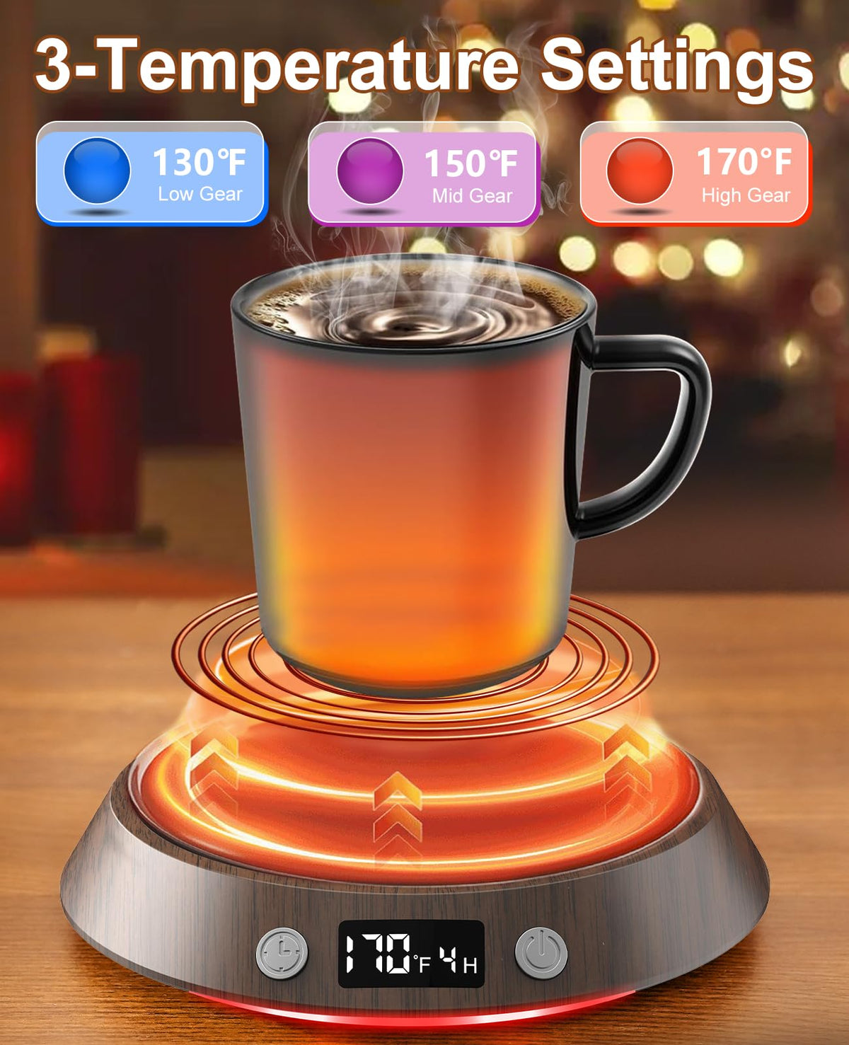 Kepwam warmer showing 3 temperature settings with LED indicators for easy adjustments